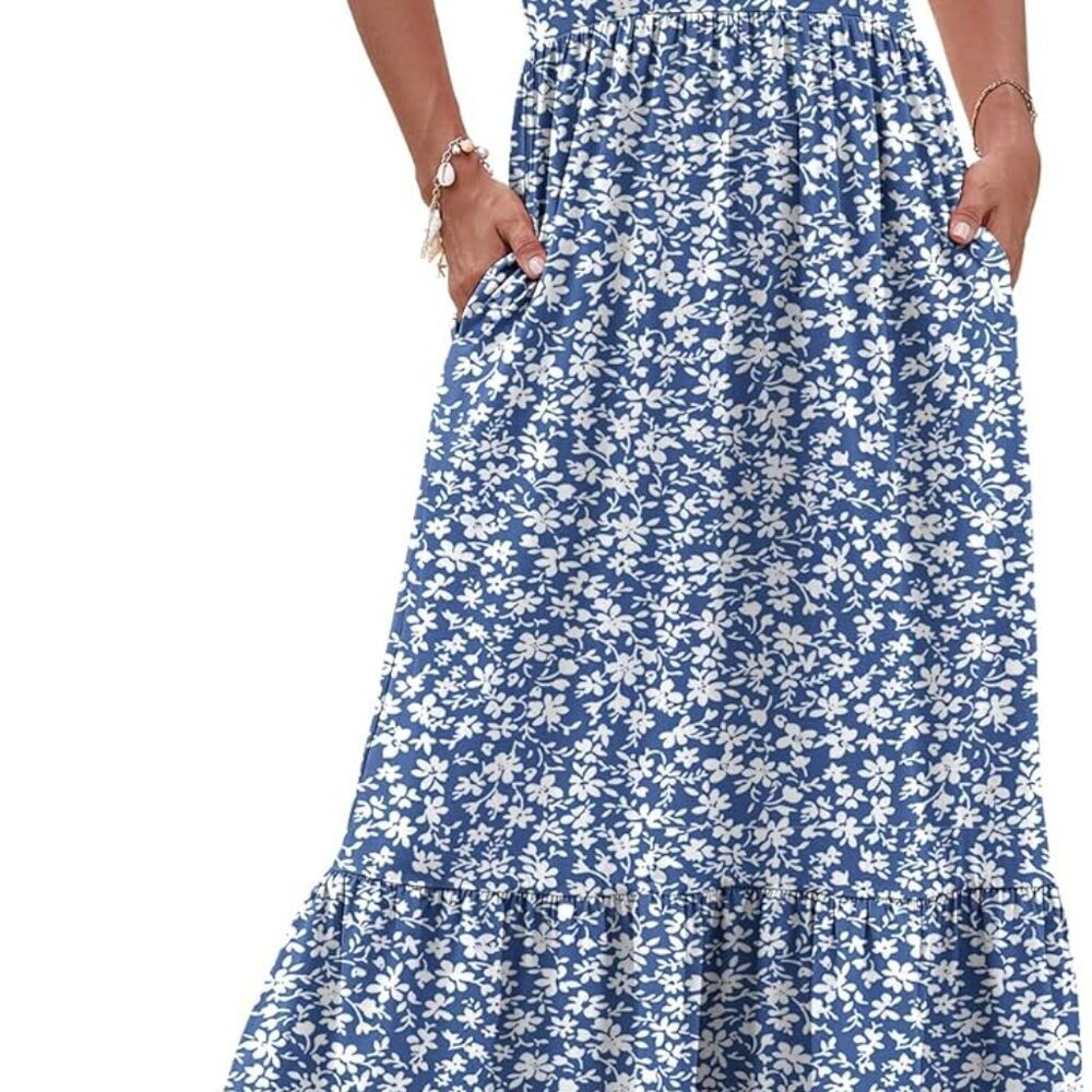 Womens Maxi Dress Summer V Neck Tiered Pockets Casual Maternity Dress